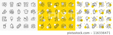 Outline Bread, Ice cream and Food delivery line icons pack for web with Burger, Coffee, Latte line icon. Coffee machine, Peanut, Food pictogram icon. Grill, Cocktail, Refill water. Vector 116336471