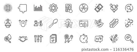 Icons pack as Salary, Chemical hazard and Handshake line icons for app include Seo targeting, Spoon, Bar diagram outline thin icon web set. Puzzle, Brand ambassador, Timer pictogram. Vector Icons pack as Salary, Chemical hazard and Handshake line icons for app include Seo targeting, Spoon, Bar diagram outline thin icon web set. Puzzle, Brand ambassador, Timer pictogram. Vector 116336476