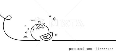 Tomato line icon. Continuous one line with curl. Vegetable food sign. Diet nutrition symbol. Tomato single outline ribbon. Loop curve pattern. Vector 116336477