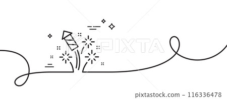 Fireworks rocket line icon. Continuous one line with curl. Pyrotechnic salute sign. Carnival celebration lights symbol. Fireworks rocket single outline ribbon. Loop curve pattern. Vector Fireworks rocket line icon. Continuous one line with curl. Pyrotechnic salute sign. Carnival celebration lights symbol. Fireworks rocket single outline ribbon. Loop curve pattern. Vector 116336478