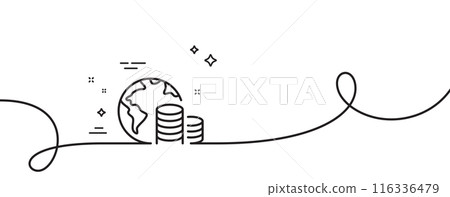 World budget line icon. Continuous one line with curl. Internet financial trade sign. Global economy symbol. Budget single outline ribbon. Loop curve pattern. Vector 116336479