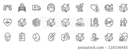 Icons pack as Vitamin d, Eye drops and Medical support line icons for app include Donation, Face cream, Microscope outline thin icon web set. Cobalt mineral, Coronavirus. Vector 116336485