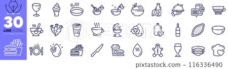 Frying pan, Carrots and Takeaway coffee line icons pack. Ice cream, Brandy bottle, Glass web icon. Food app, Grill, Cooking whisk pictogram. Fast food, Cooking water, Gingerbread man. Vector 116336490