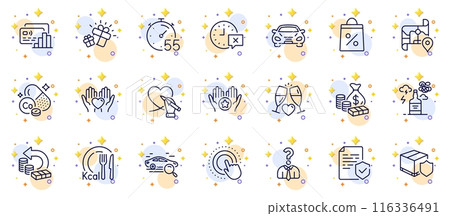 Outline set of Hold heart, Time and Calories line icons for web app. Include Money, Car, Social care pictogram icons. Shopping bag, Timer, Cobalt mineral signs. Hiring employees, Map, Gift. Vector Outline set of Hold heart, Time and Calories line icons for web app. Include Money, Car, Social care pictogram icons. Shopping bag, Timer, Cobalt mineral signs. Hiring employees, Map, Gift. Vector 116336491