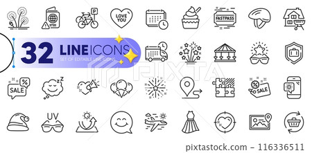Outline set of Home grill, Carousels and Weather phone line icons for web with Refresh cart, Love you, Sunglasses thin icon. Passport warning, Bicycle parking, Fireworks stars pictogram icon. Vector Outline set of Home grill, Carousels and Weather phone line icons for web with Refresh cart, Love you, Sunglasses thin icon. Passport warning, Bicycle parking, Fireworks stars pictogram icon. Vector 116336511