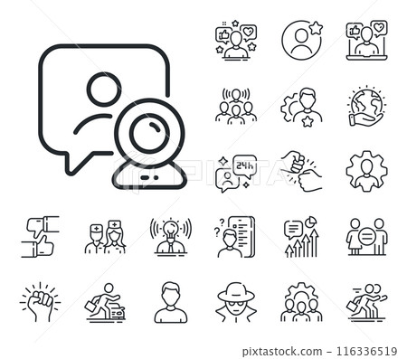Online training sign. Specialist, doctor and job competition outline icons. Video conference line icon. Web presentation symbol. Video conference line sign. Vector Online training sign. Specialist, doctor and job competition outline icons. Video conference line icon. Web presentation symbol. Video conference line sign. Vector 116336519