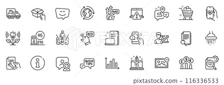 Icons pack as Currency rate, Quick tips and Shower line icons for app include Bid offer, Search file, Grocery basket outline thin icon web set. Success business, Device, Health app pictogram. Vector 116336533