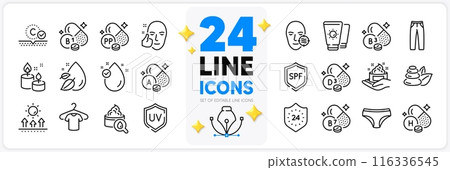 Icons set of Aroma candle, Uv protection and Niacin line icons pack for app with Vitamin e, Moisturizing cream, Sun protection thin outline icon. Vitamin a, T-shirt, Healthy face pictogram. Vector Icons set of Aroma candle, Uv protection and Niacin line icons pack for app with Vitamin e, Moisturizing cream, Sun protection thin outline icon. Vitamin a, T-shirt, Healthy face pictogram. Vector 116336545