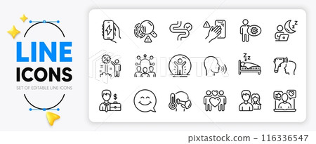 Squad, Dont touch and Smile face line icons set for app include Charging app, Digestion, Sick man outline thin icon. Fingerprint, Human sing, Sleep pictogram icon. Recovered person. Vector Squad, Dont touch and Smile face line icons set for app include Charging app, Digestion, Sick man outline thin icon. Fingerprint, Human sing, Sleep pictogram icon. Recovered person. Vector 116336547