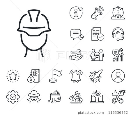 Engineer or architect sign. Salaryman, gender equality and alert bell outline icons. Foreman line icon. Construction helmet symbol. Foreman line sign. Spy or profile placeholder icon. Vector Engineer or architect sign. Salaryman, gender equality and alert bell outline icons. Foreman line icon. Construction helmet symbol. Foreman line sign. Spy or profile placeholder icon. Vector 116336552