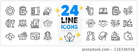 Icons set of Washing hands, Communication and Laptop repair line icons pack for app with Timer, Airplane travel, Global business thin outline icon. Augmented reality, Shopping basket. Vector 116336556