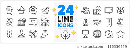Icons set of Resilience, Selfie stick and Send box line icons pack for app with Monitor, Scroll down, Cyber attack thin outline icon. Airplane mode, Share call, Rocket pictogram. Vector 116336559