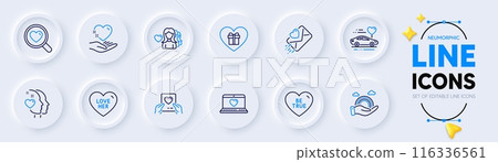 Romantic gift, Woman love and Web love line icons for web app. Pack of Heart, Honeymoon travel, Hold heart pictogram icons. Be true, Lgbt signs. Romantic people, Social network. Vector 116336561