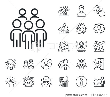 Business conference sign. Specialist, doctor and job competition outline icons. Group people line icon. Team meeting symbol. Group people line sign. Avatar placeholder, spy headshot icon. Vector 116336566
