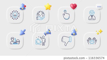 Vacancy, Cyber attack and Safe time line icons. Buttons with 3d bell, chat speech, cursor. Pack of Cleaning service, Dislike hand, Hand click icon. Strategy, Save planet pictogram. Vector 116336574