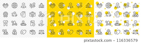 Health care, risk, help service. Insurance line icons. Car accident, flood insurance, flight protection icons. Safety document, money savings, delivery risk. Car full coverage. Vector 116336579