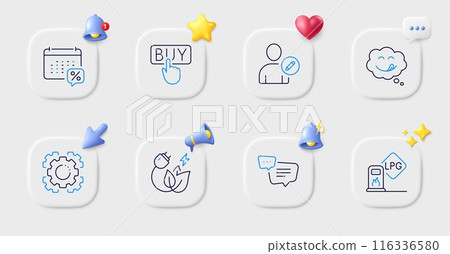 Seo gear, Gas station and Calendar tax line icons. Buttons with 3d bell, chat speech, cursor. Pack of Green energy, Text message, Yummy smile icon. Buying, Edit user pictogram. Vector 116336580