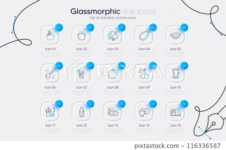 Set of Water bottle, Teacup and Cherry line icons for web app. Pumpkin seed, Frying pan, Food delivery icons. Dish, Eco food, Recipe book signs. Cooking spoon, Acorn, Cooking hat. Vector 116336587