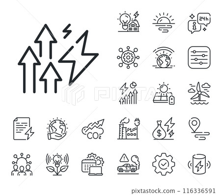Electric power up trend sign. Energy, Co2 exhaust and solar panel outline icons. Energy inflation line icon. Consumption growth symbol. Energy inflation line sign. Vector Electric power up trend sign. Energy, Co2 exhaust and solar panel outline icons. Energy inflation line icon. Consumption growth symbol. Energy inflation line sign. Vector 116336591