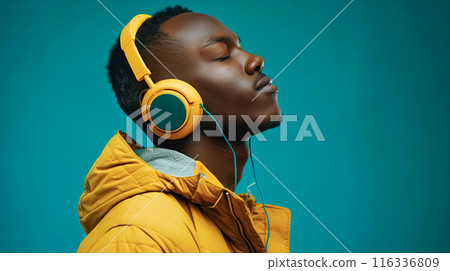 An African American man listens to music on headphones, looking modern and cool. The concept of style, relaxation, and the universal love of music. Generative AI. An African American man listens to music on headphones, looking modern and cool. The concept of style, relaxation, and the universal love of music. Generative AI. 116336809