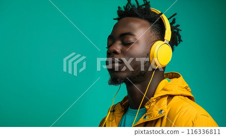 An African American man listens to music on headphones, looking modern and cool. The concept of style, relaxation, and the universal love of music. Generative AI. An African American man listens to music on headphones, looking modern and cool. The concept of style, relaxation, and the universal love of music. Generative AI. 116336811