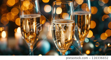 Champagne Glasses with Festive Bokeh Lights Champagne Glasses with Festive Bokeh Lights 116336832
