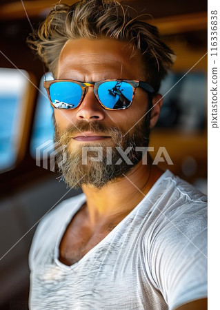 Bearded brutal yacht owner on vessel deck looking forward while deep sea tuna fishing. 116336838