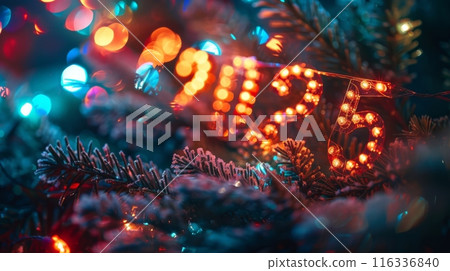 Colorful 2025 Lights on Festive Tree 116336840
