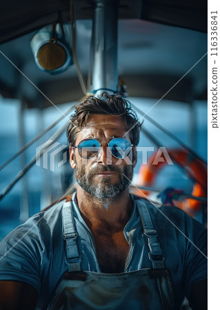 Bearded brutal yacht owner on vessel deck looking forward while deep sea tuna fishing. 116336841