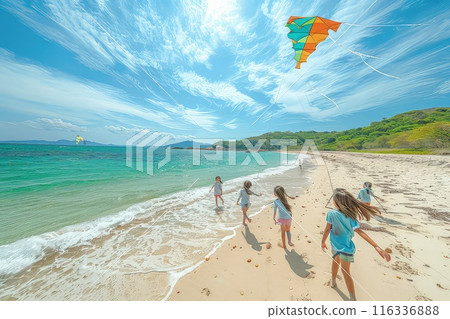 Kids playing with a colorful kite on a breezy day. 116336888