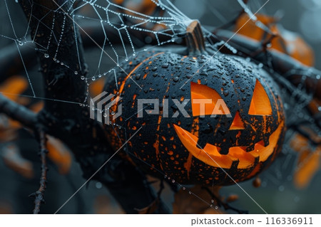 Jack-o'-lantern with Dewy Spiderwebs 116336911