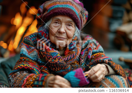 Grandmother knitting colorful socks for her grandchildren. 116336914