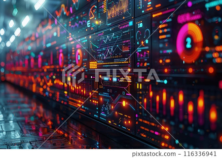 An array of futuristic screens displaying holographic data visualizations. 116336941