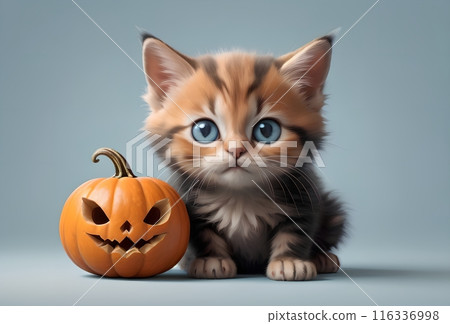 Halloween card, many pumpkins and a beautiful cat 116336998