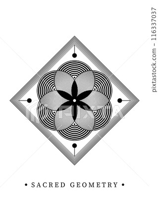 Seed Flower of life lotus icon, logo mandala sacred geometry, tattoo symbol of harmony and balance. Mystical talisman, interlocking of black circles lines, op art vector isolated on white background  116337037