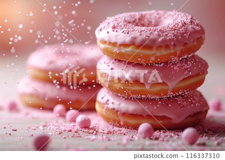 Pink frosted donuts with sprinkles on a festive background delicious dessert sweet treat concept 116337310