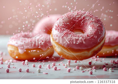 Pink frosted donuts with sprinkles on a festive background delicious dessert sweet treat concept 116337318