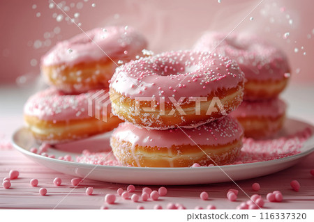 Pink frosted donuts with sprinkles on a festive background delicious dessert sweet treat concept 116337320