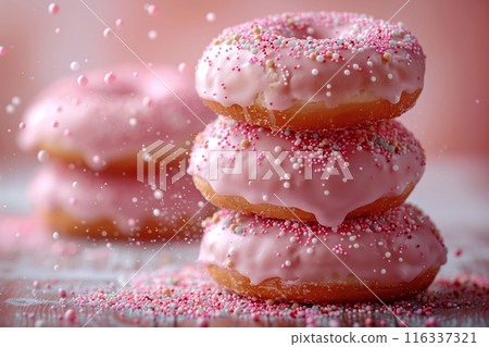 Pink frosted donuts with sprinkles on a festive background delicious dessert sweet treat concept 116337321