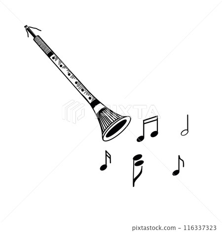 Musical folk instrument. Russian folk instrument - zhaleika, pipe, hand-drawn in vector on a white background. Suitable for printing on fabric, posters, cards, invitations. Musical folk instrument. Russian folk instrument - zhaleika, pipe, hand-drawn in vector on a white background. Suitable for printing on fabric, posters, cards, invitations. 116337323