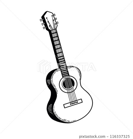 Musical instrument - guitar. Vector illustration. All objects are hand-drawn in black in vector. Suitable for printing on invitations, posters, cards and posters. 116337325