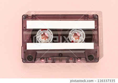 Old tape cassette with blank labels isolated on pink background, Template mock up Old tape cassette with blank labels isolated on pink background, Template mock up 116337335