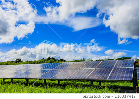 Solar panels and summer blue sky with white clouds 116337412
