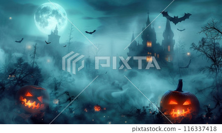 scary castle with pumpkins and bats in the graveyard scary castle with pumpkins and bats in the graveyard 116337418