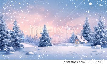 winter landscape with wooden house 116337435