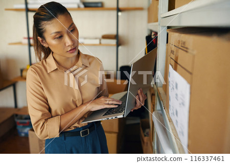 Woman Typing Data Of Parcel On Computer Woman Typing Data Of Parcel On Computer 116337461