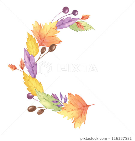 Autumn leaves watercolor wreath. Colorful Yellow, orange, red, purple foliage and berries clipart. Round frame Design element for autumnal decor, thanksgiving day, cards, gift tags, scrapbooking 116337581