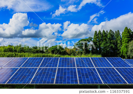 Solar panels and summer blue sky with white clouds 116337591