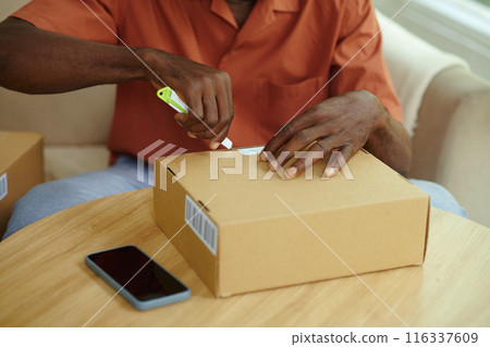Man Unpacking Cardboard Box At Table Man Unpacking Cardboard Box At Table 116337609