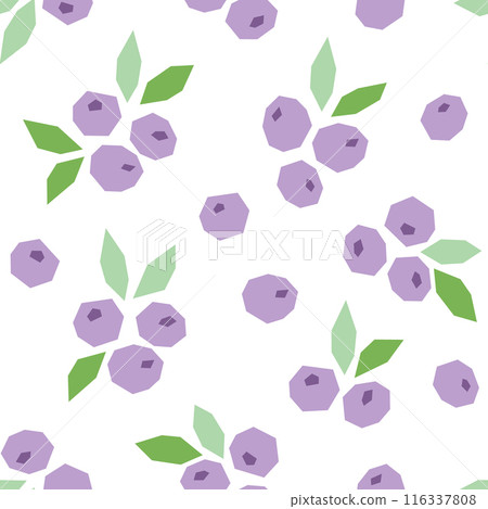 Blueberry abstract cartoon seamless pattern. Fruits, berry background isolated on white. Blueberry with leaf geometric print for fabric, paper, design. Vector illustration 116337808